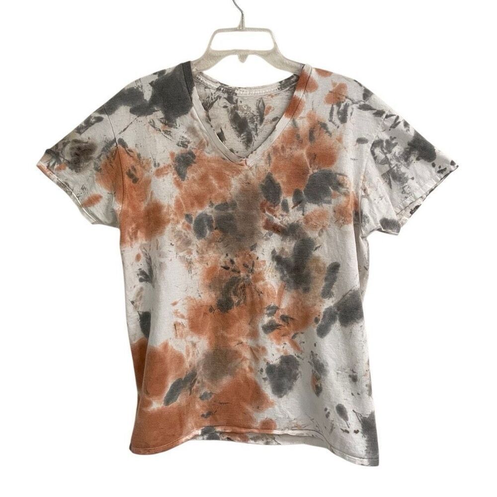 Hand wood stain dyed V neck short sleeve tee shirt‎ men’s L Grunge